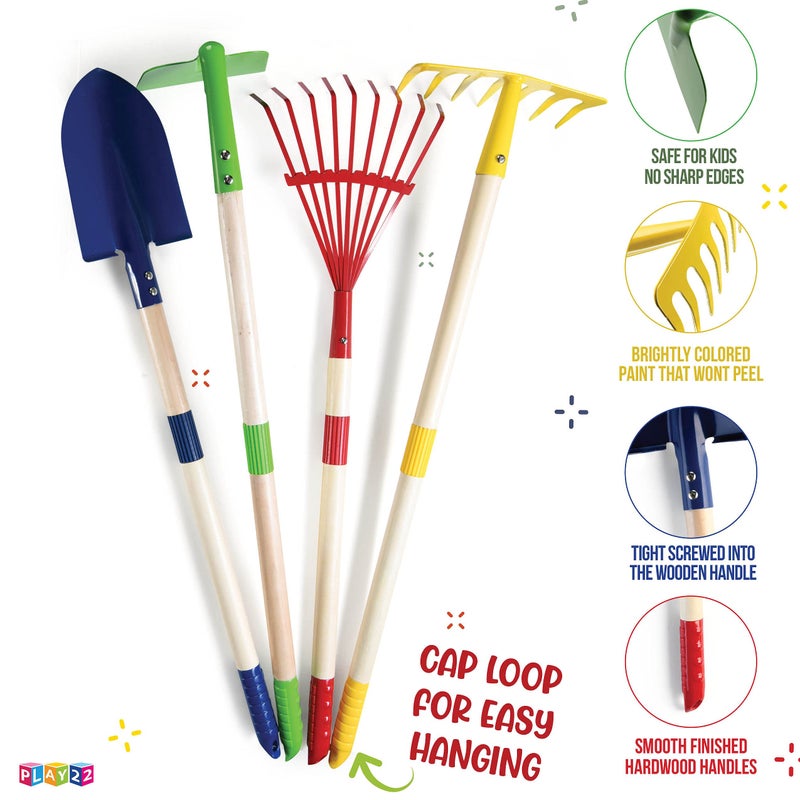 Play22 Kids Garden Tool Set Toy 4-Piece - Shovel, Rake, Hoe, Leaf Rake, Wooden Gardening Tools for Kids Best Outdoor Toys Gift for Boys and Girls - Image 2